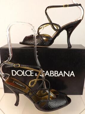 NIB DOLCE GABBANA BLACK SNAKE LEATHER STRAPPY SANDALS PUMPS 38.5 ITALY